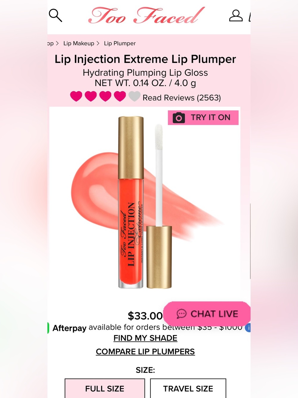 Too Faced Extreme Lip Injection Gloss — Tangerine Dream FULL SIZE